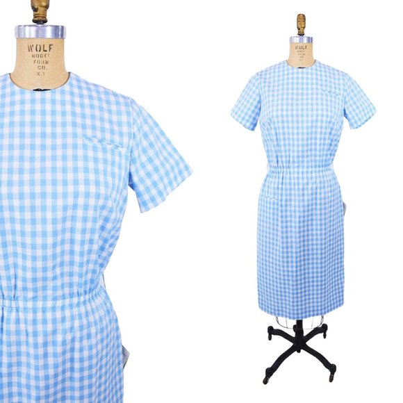 Vintage 1960s Blue Gingham Dress Deadstock SheathW 27"+